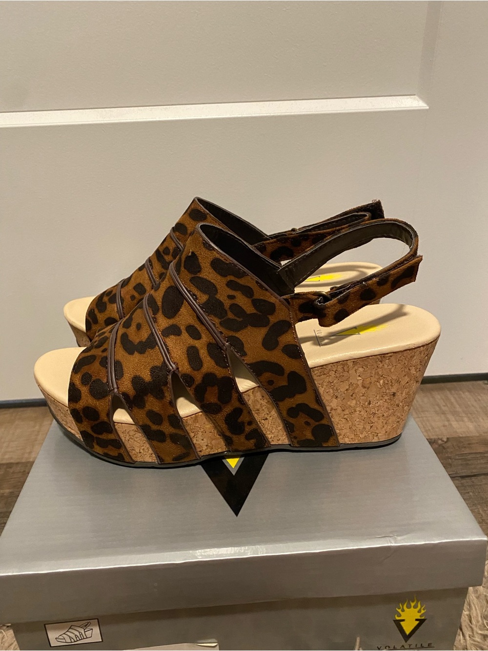 Size 9 Leopard Print Cork Wedge Sandals - Women